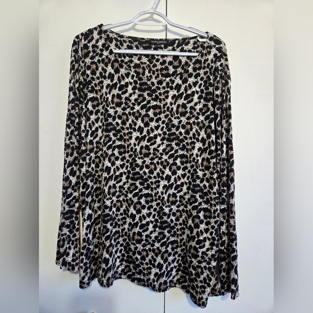 Mario Serrani Leopard Print Blouse XXL Brown Black Stretch Long Sleeve Top